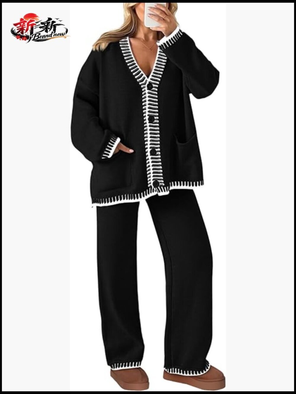 Knitted 2 Piece Lounge Set Cardigan Wide Leg Pants Women Track Suit
